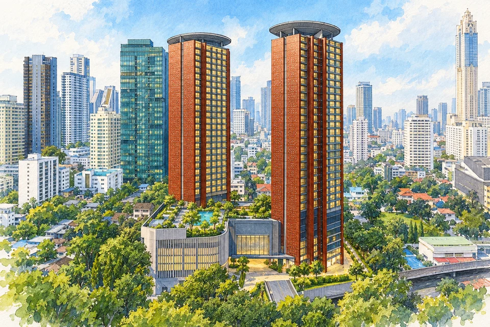 察殿曼谷大酒店(Chatrium Grand Bangkok) — AI 建筑示意图・非酒店实拍