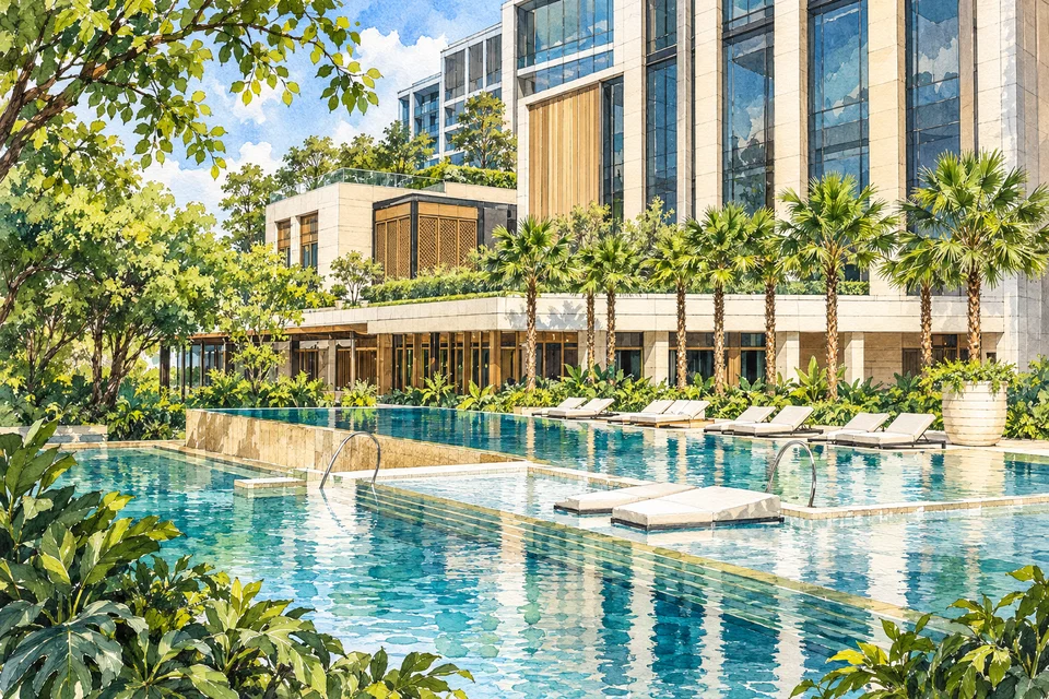 曼谷湄南河四季酒店(Four Seasons Hotel Bangkok at Chao Phraya River) — AI 建筑示意图・非酒店实拍