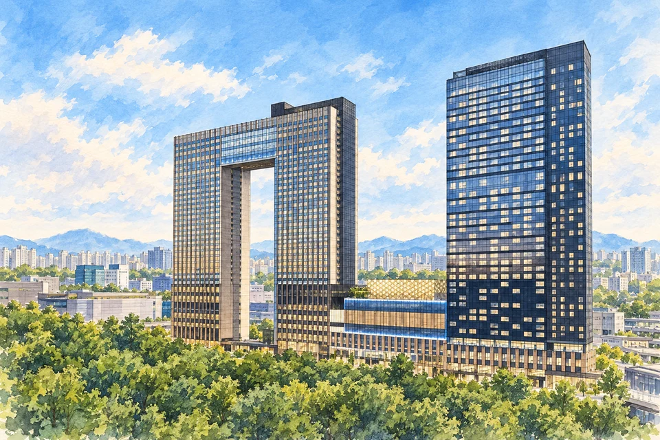 首尔龙山大使诺富特全套房酒店(Novotel Suites Ambassador Seoul Yongsan) — AI 建筑示意图・非酒店实拍