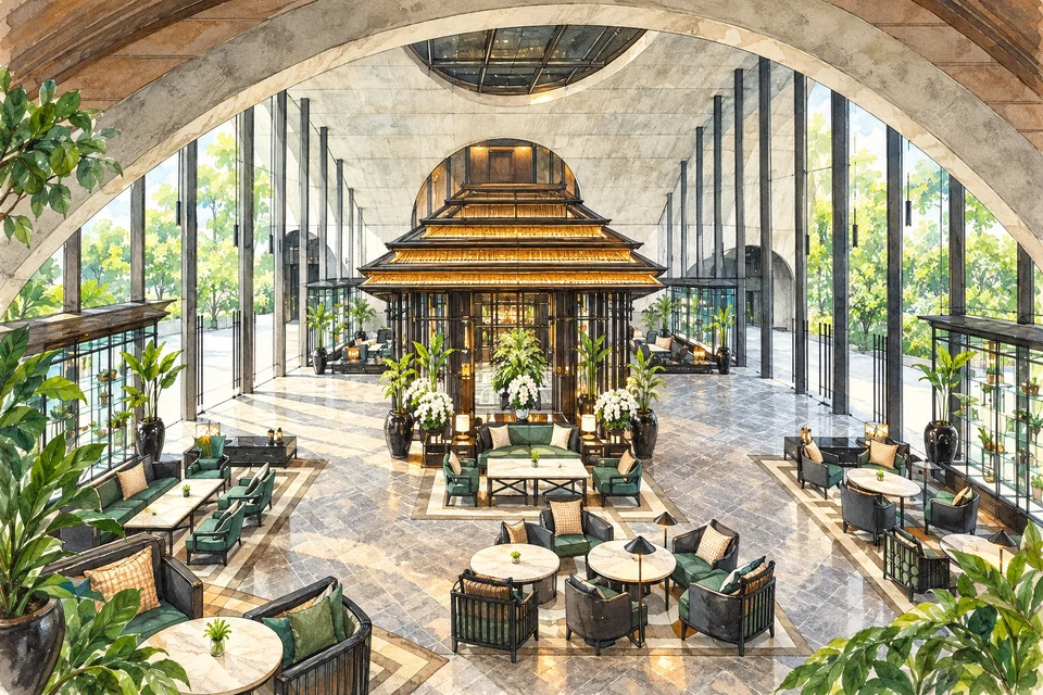 曼谷新通凯宾斯基酒店(Sindhorn Kempinski Hotel Bangkok) — AI 建筑示意图・非酒店实拍