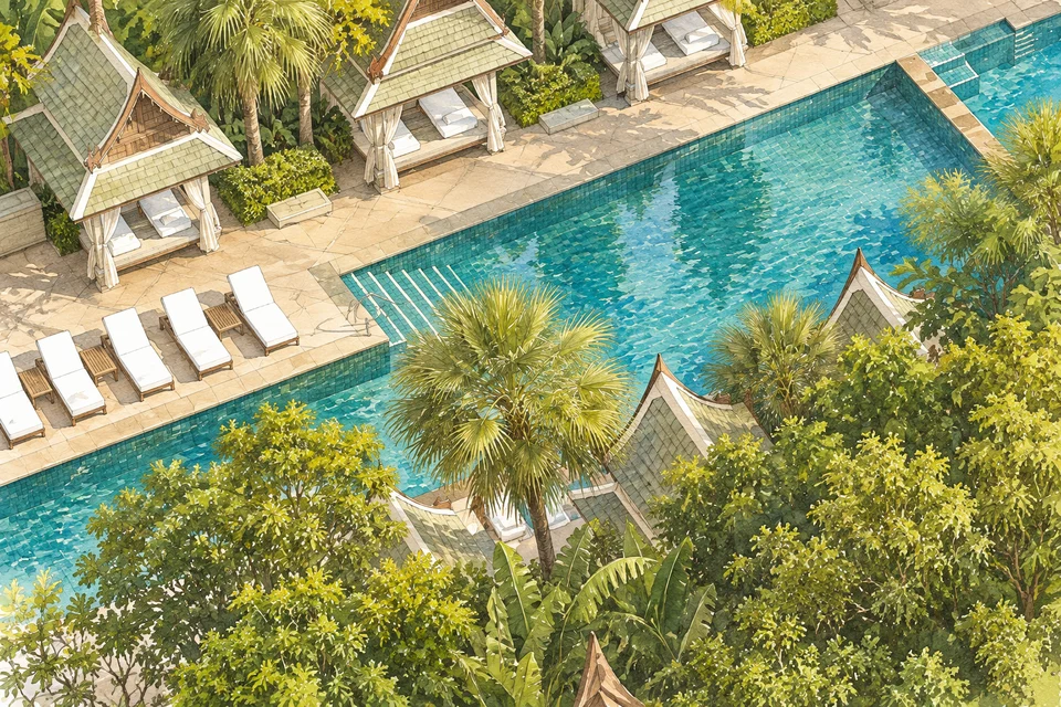 曼谷半岛酒店(The Peninsula Bangkok) — AI 建筑示意图・非酒店实拍